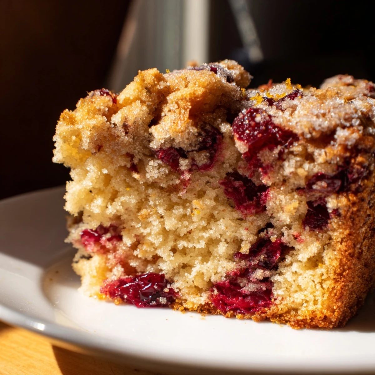 Overhead view of a whole Cranberry Cake garnished with orange zest and sugar, set beside fresh cranberries on a festive tablecloth for a cozy gathering.