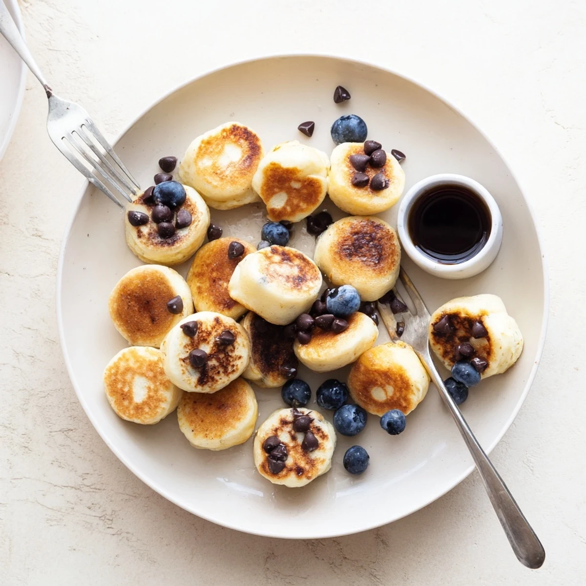 Pancake Poppers served in a rustic tin with dipping sauces like chocolate and strawberry jam for a sweet snack.