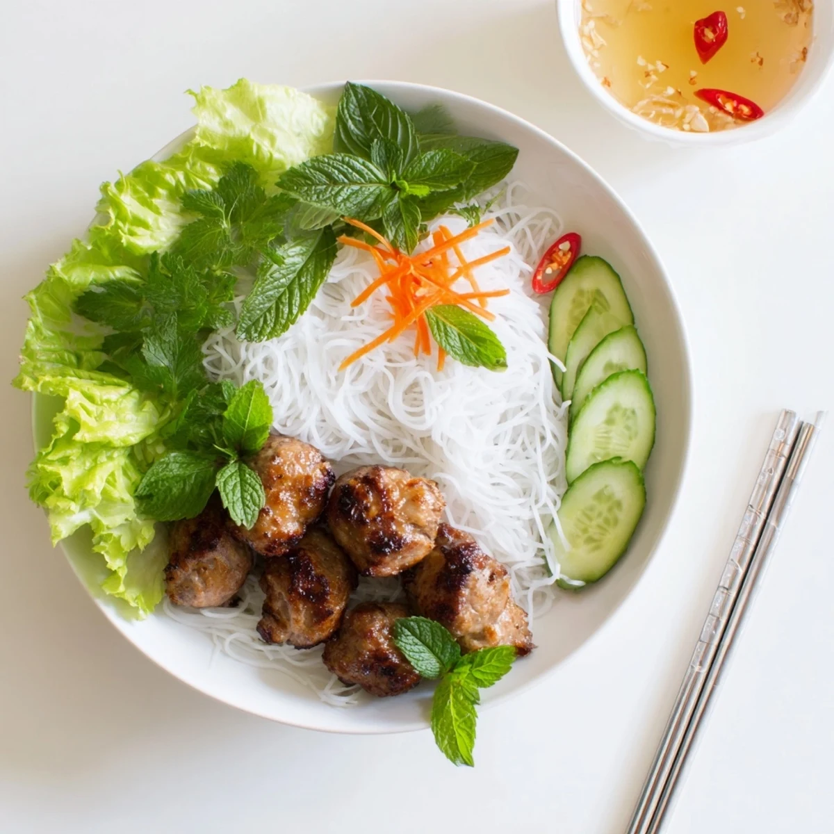 Grilled pork patties and sliced pork belly for Bun Cha Hanoi served over rice vermicelli with fresh herbs and tangy dipping sauce.