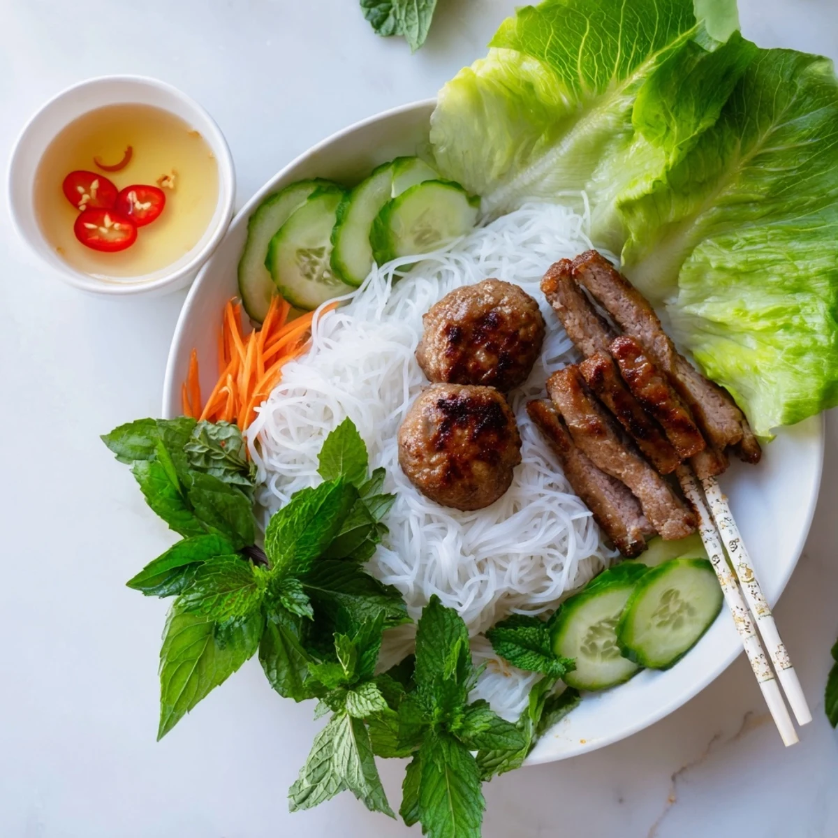 Close-up of Bun Cha Hanoi featuring caramelized pork, noodles, lettuce, cucumber, and colorful herbs on a rustic wooden table.