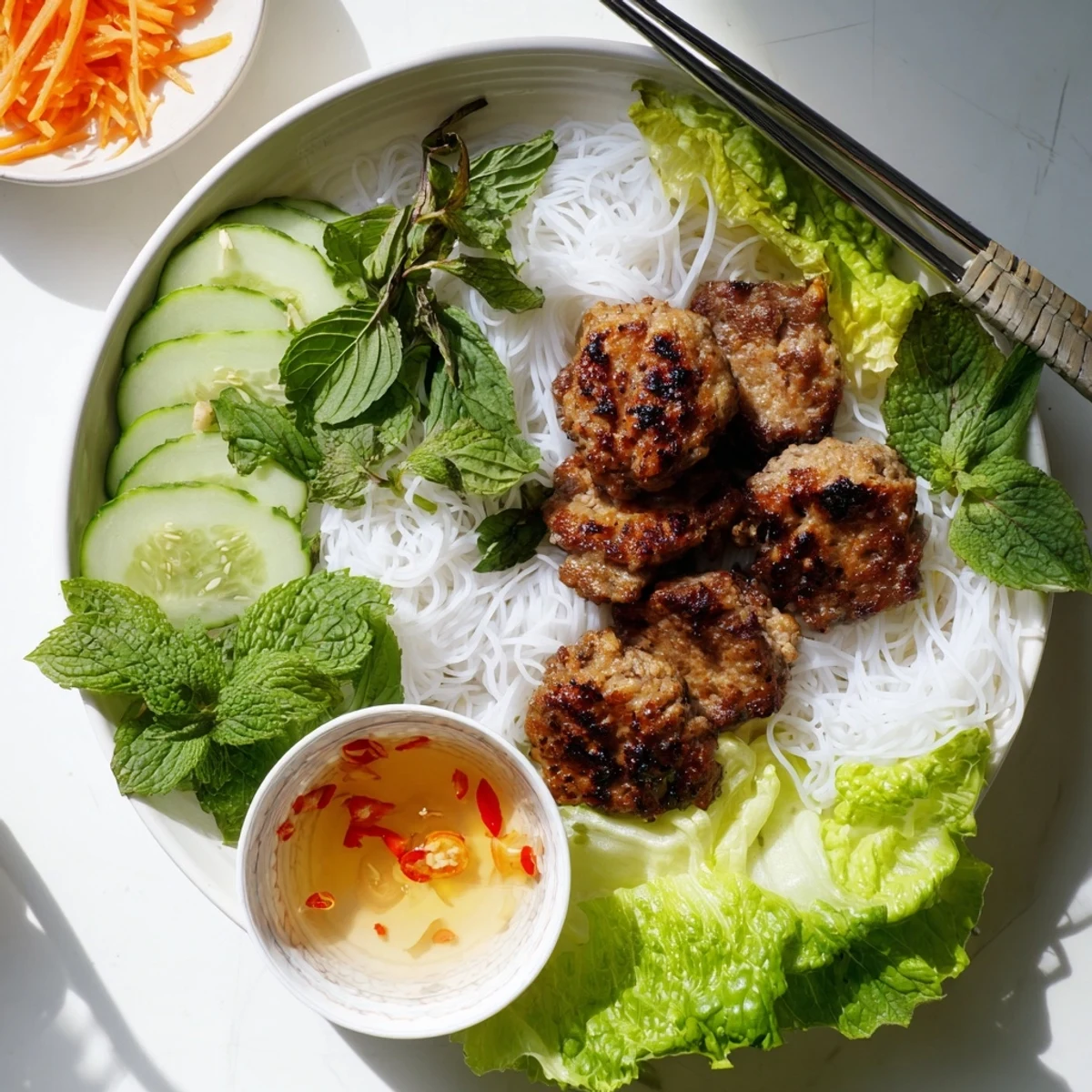 A vibrant platter of Bun Cha Hanoi with smoky grilled pork, fresh mint and basil, and a small bowl of nuoc cham.