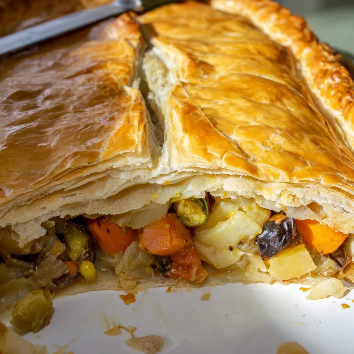 A close-up of Leftover Roast Vegetable Pie with flaky golden crust and rich, herb-infused filling visible in a white dish.