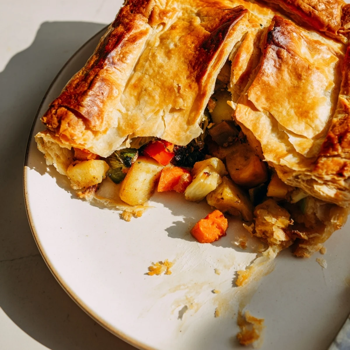 Golden-brown Leftover Roast Vegetable Pie served in a ceramic dish, garnished with fresh thyme and a side salad for a cozy vegetarian dinner.