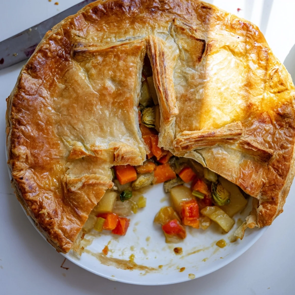 Leftover Roast Vegetable Pie emerges from the oven with bubbly filling and a crispy, buttery puff pastry topping on a rustic wooden table.
