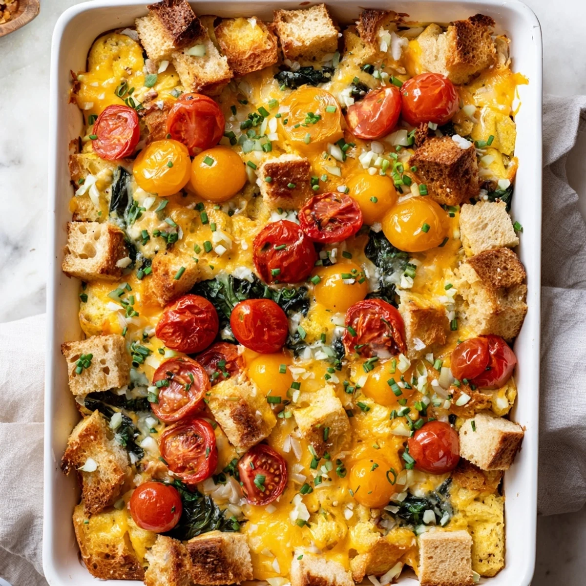 The roasted cherry tomatoes glisten on top of the Cheesy Breakfast Strata casserole ready to be served.