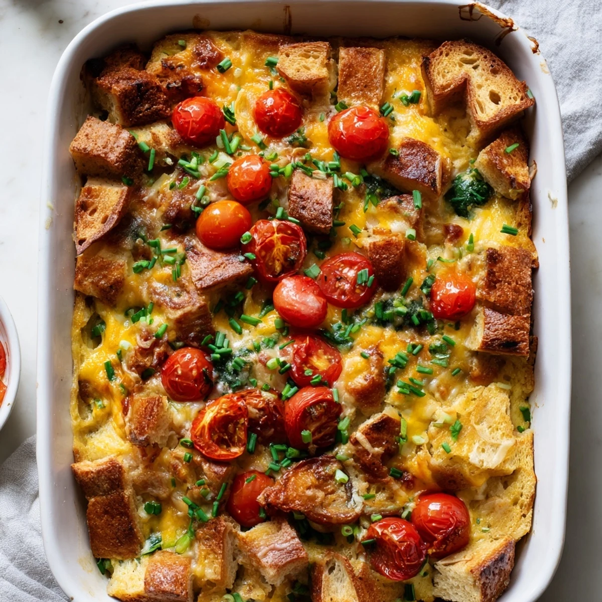 Savory Cheesy Breakfast Strata served hot with roasted tomatoes and fresh herbs for a family brunch.