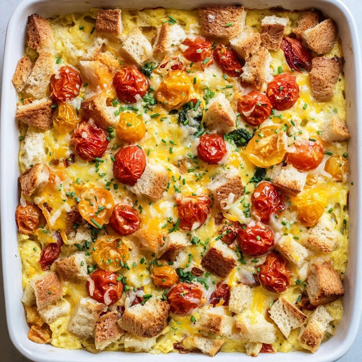 Warm Cheesy Breakfast Strata with crusty bread cubes and melted cheese on a breakfast table.