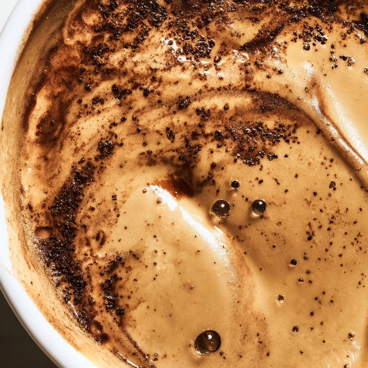 A scoop of Vietnamese Coffee Ice Cream in a bowl, topped with coffee beans, showcasing its rich, creamy texture and caramel swirls.