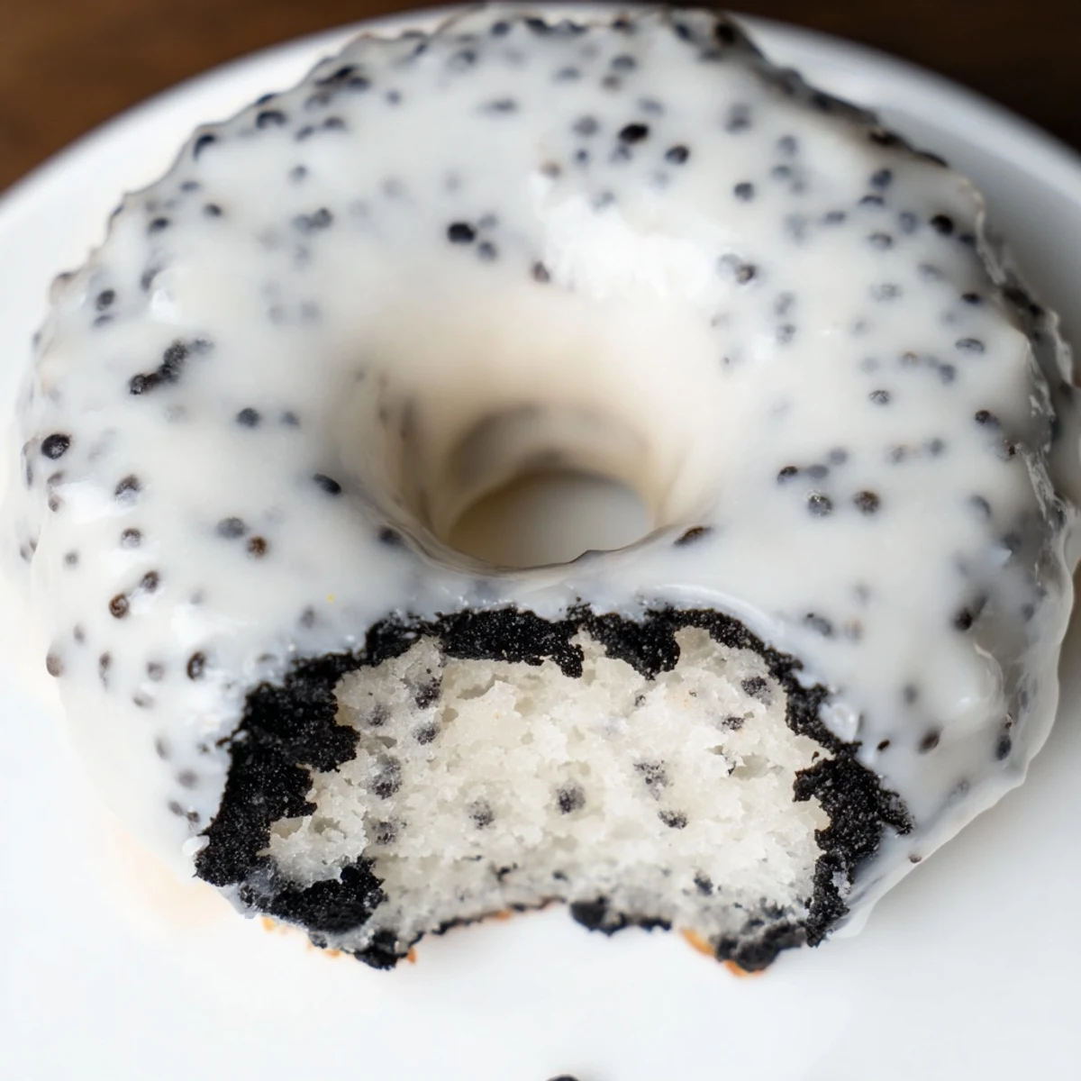 Freshly baked Black Sesame Mochi Donuts arranged in a circle, topped with sesame seeds and a sweet, dark glaze.