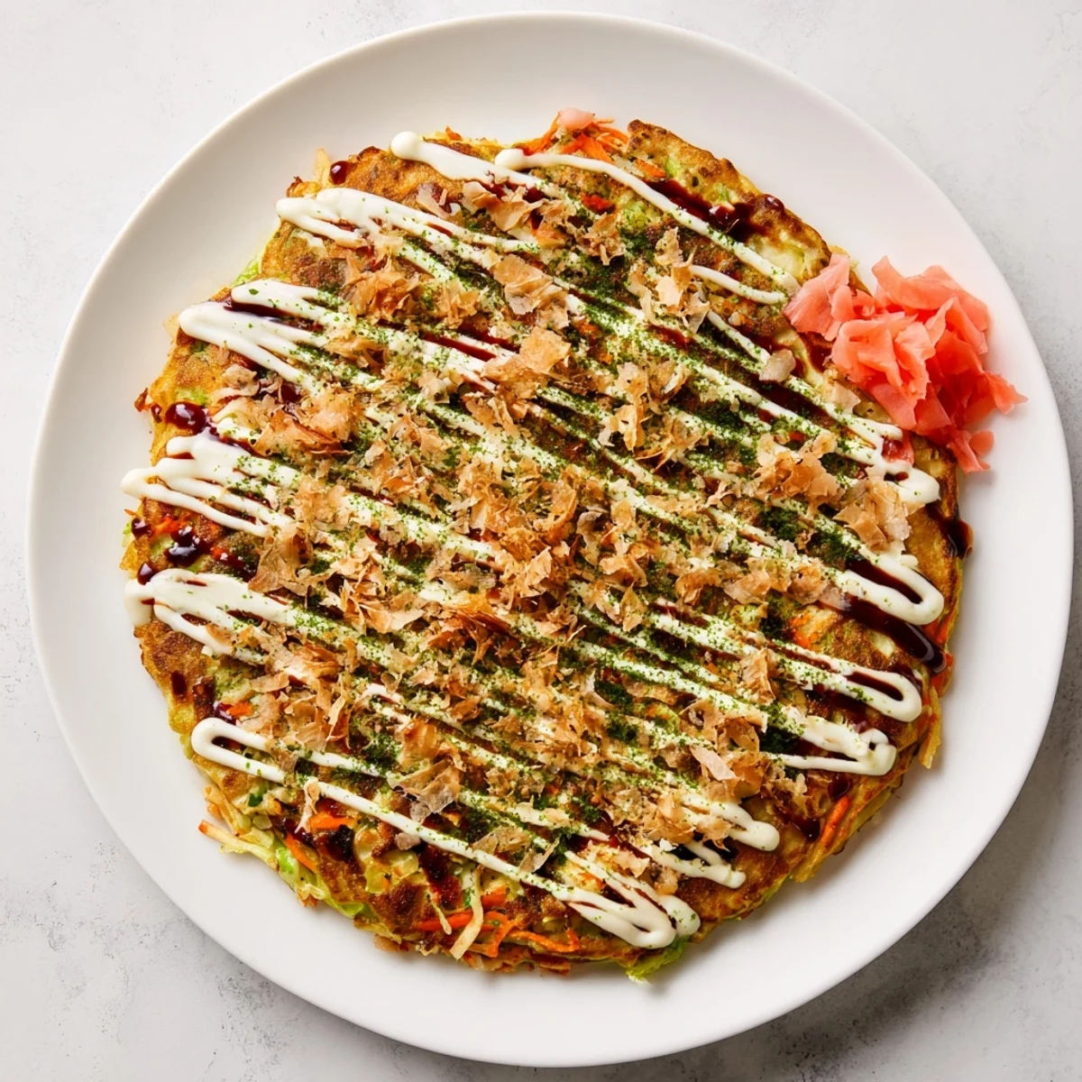 Fluffy Chicken Okonomiyaki packed with juicy chicken, cabbage, and spring onions, topped with aonori and savory sauces.