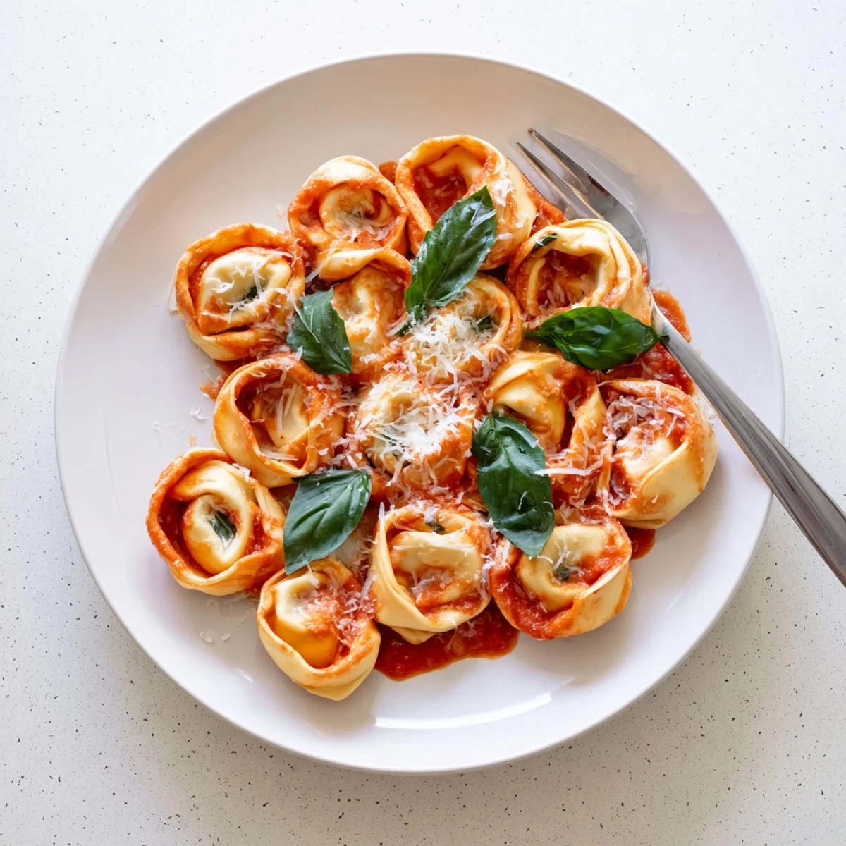 Golden-brown Mozzarella Tortellini nestled in a vibrant red tomato sauce, garnished with fresh basil on a rustic plate.  