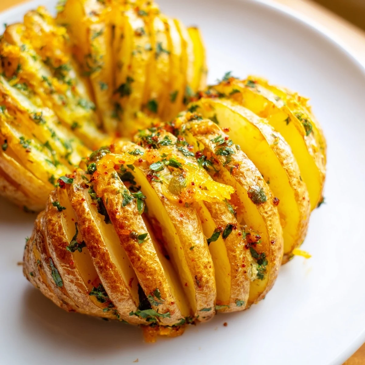 Golden Roast Herb Chilli and Orange Butter Hasselback Potatoes displayed on a rustic wooden board.