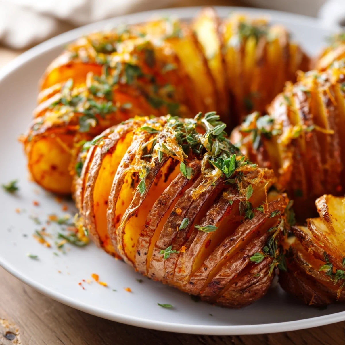Overhead shot of Roast Herb Chilli and Orange Butter Hasselback Potatoes garnished with fresh parsley and orange zest.