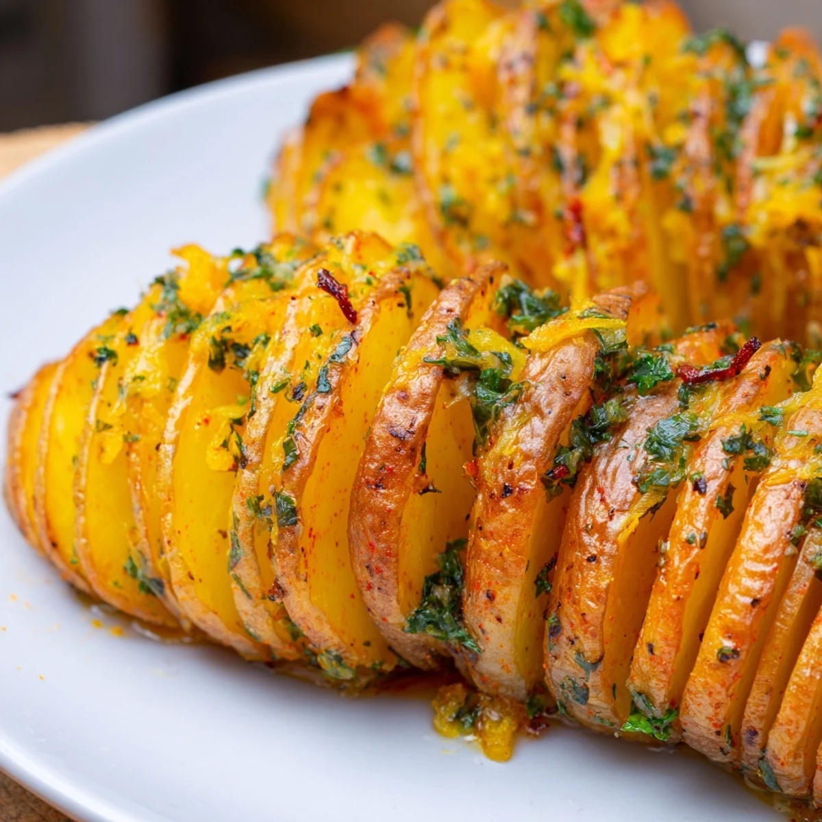 A close view of Roast Herb Chilli and Orange Butter Hasselback Potatoes glistening with melted herb butter.