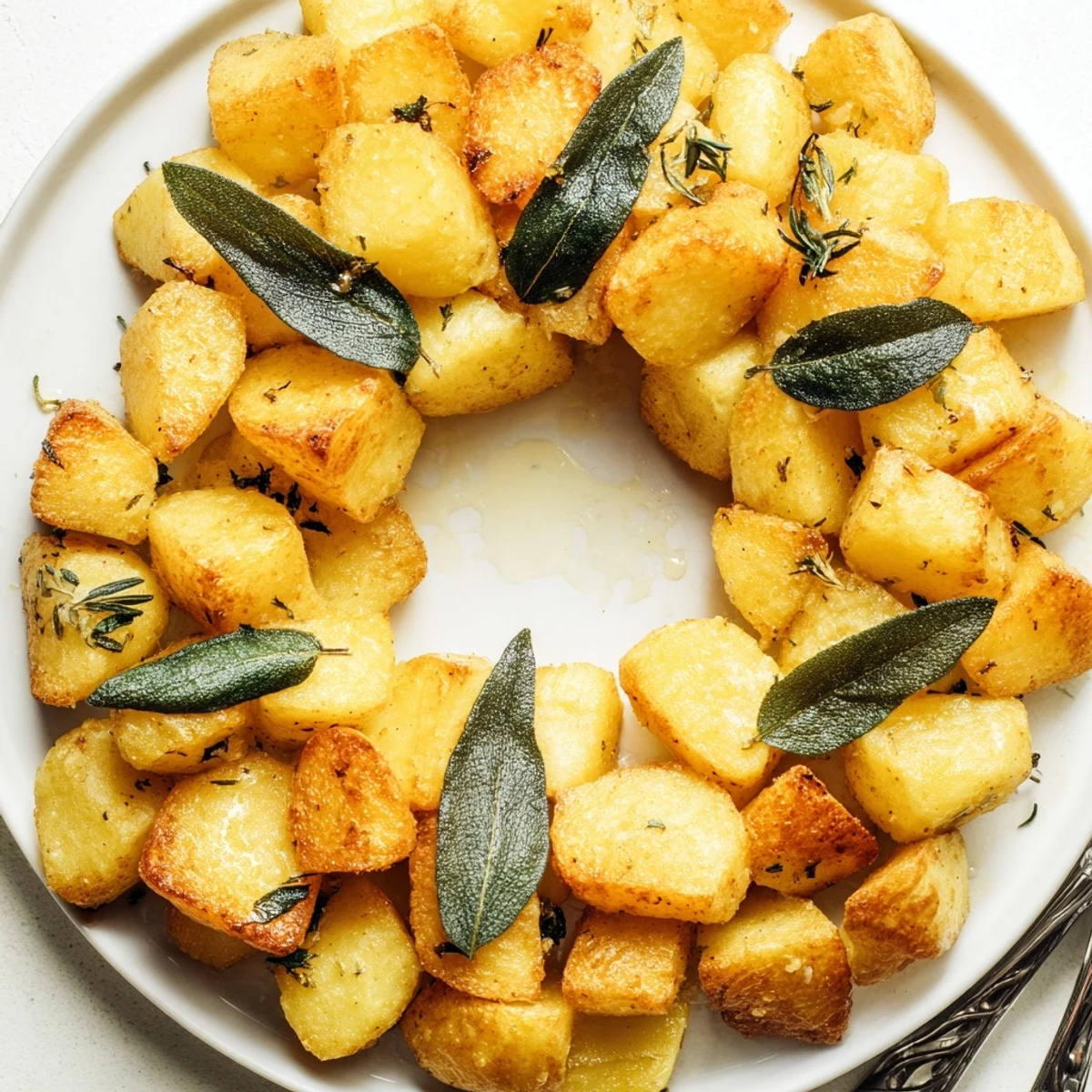 Golden Garlic Roast Potato and Sage Wreath glistens with olive oil on a rustic table.