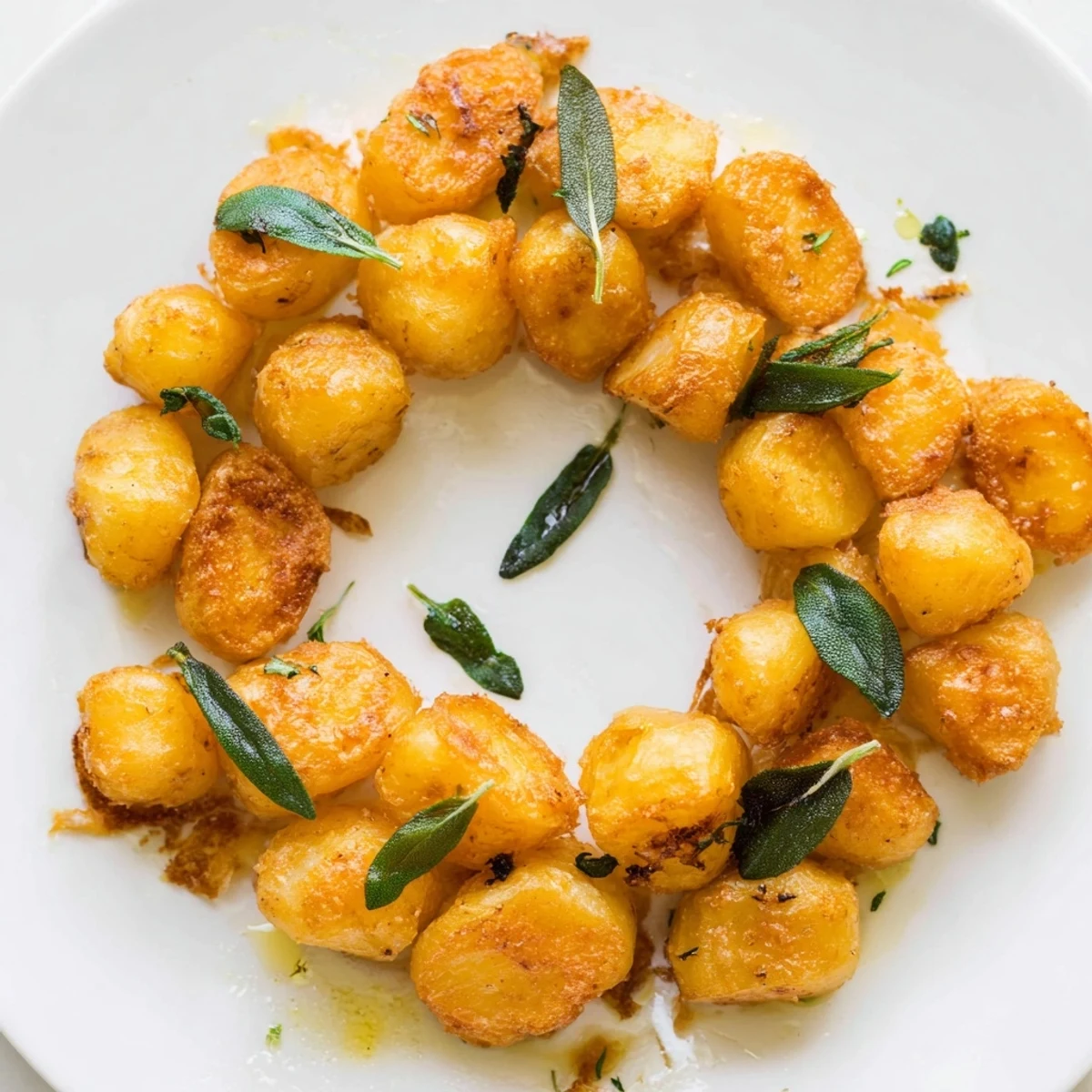 The wreath of Garlic Roast Potato and Sage Wreath shines beside a festive holiday roast.