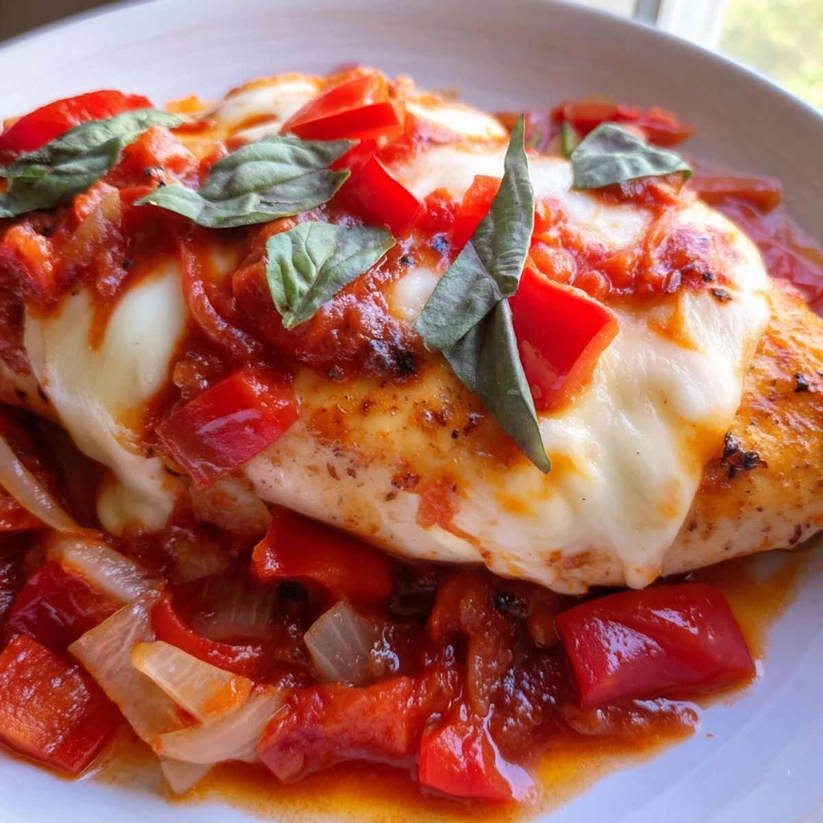 The Italian Style Chicken breasts simmered in a rich red tomato sauce topped with melted mozzarella and fresh basil.