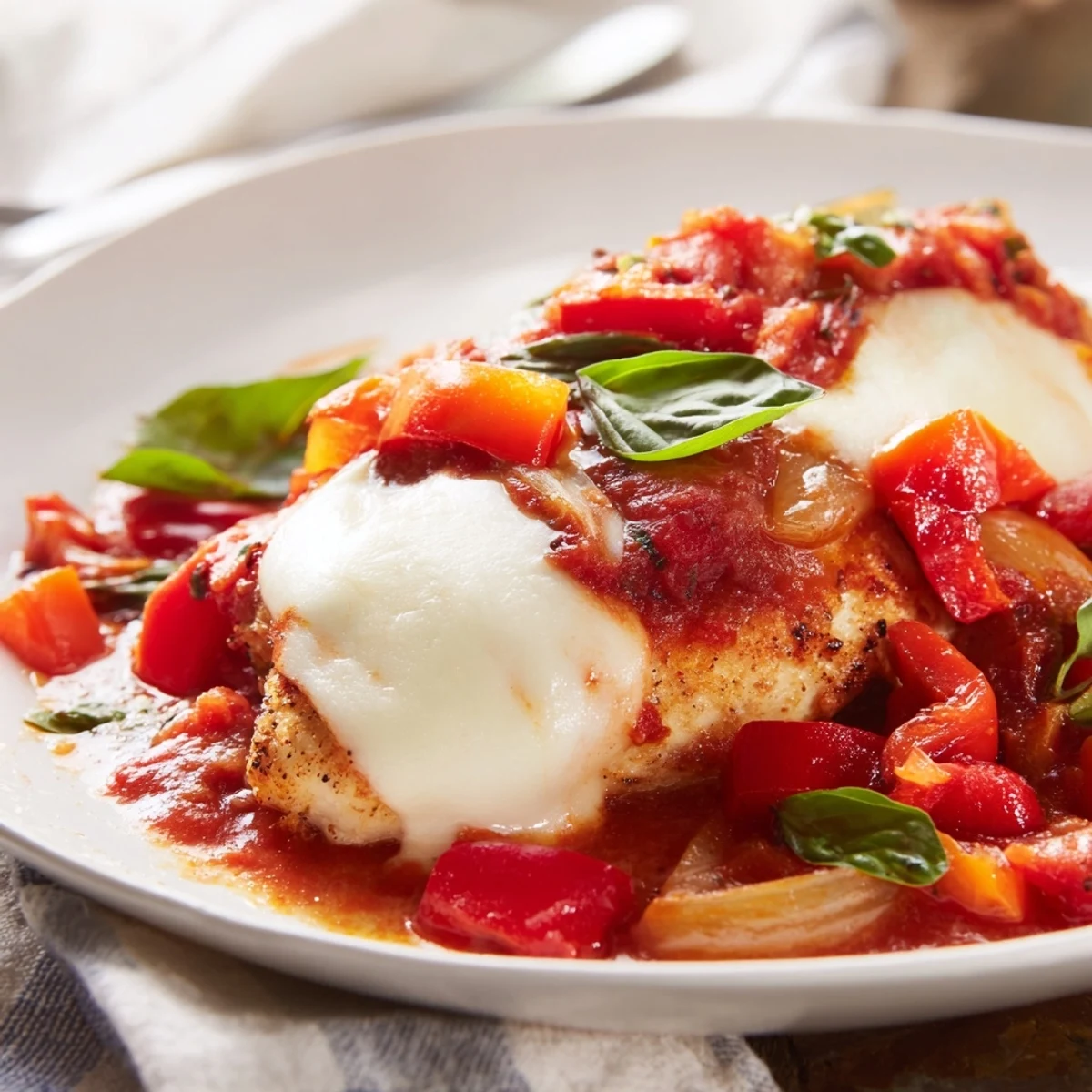 Close up view of tender Italian Style Chicken bubbling with mozzarella and garnished with fresh green basil leaves.