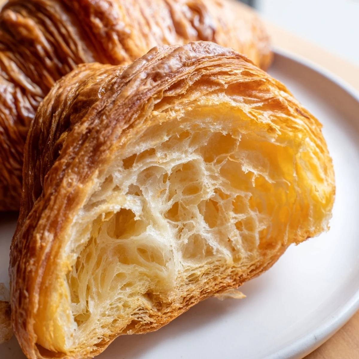 A close-up of a torn Gluten-Free Croissant revealing airy layers, served with a side of jam.