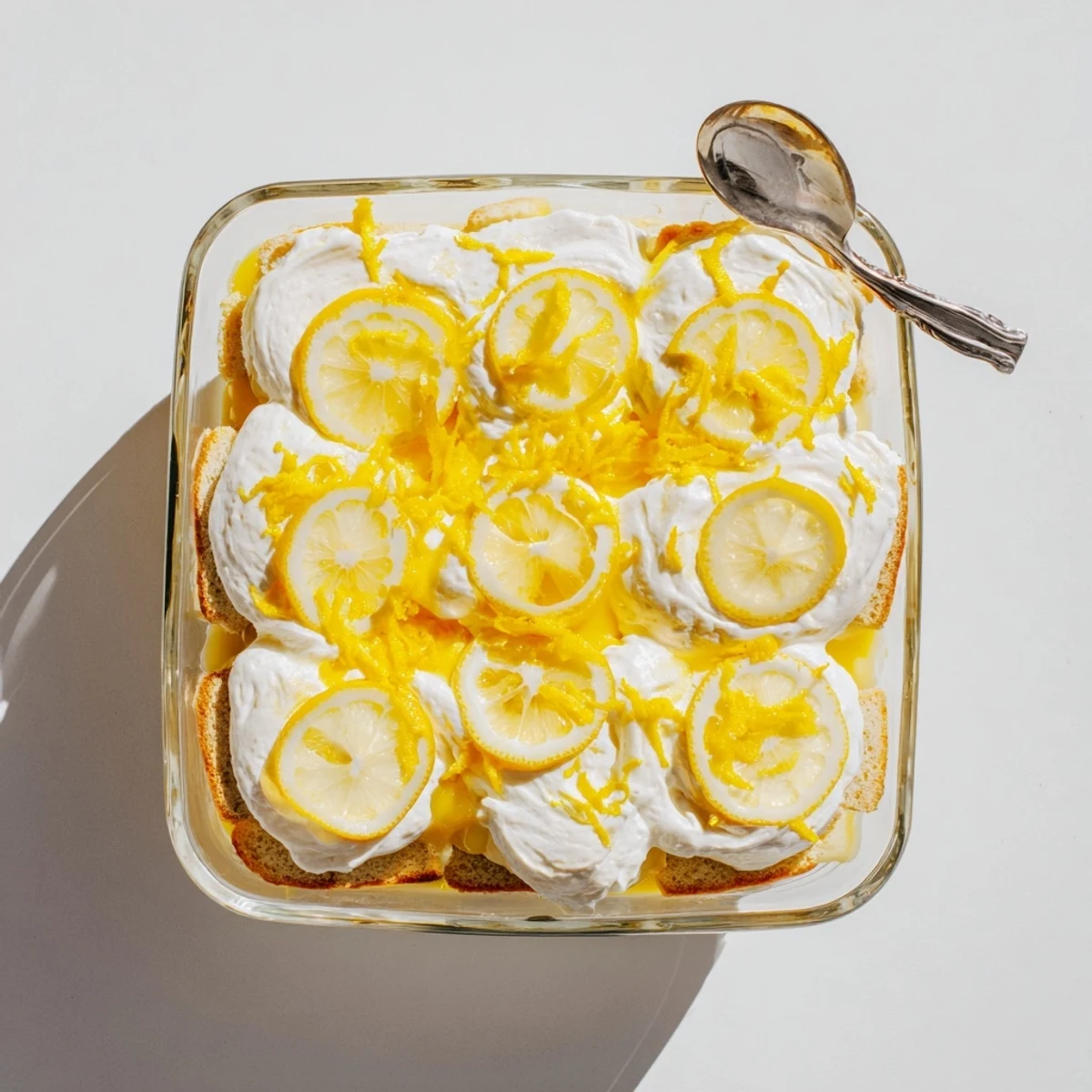 A chilled serving of Lemon Limoncello Italian Tiramisu with soaked ladyfingers, limoncello syrup, and whipped mascarpone cream on a rustic table.
