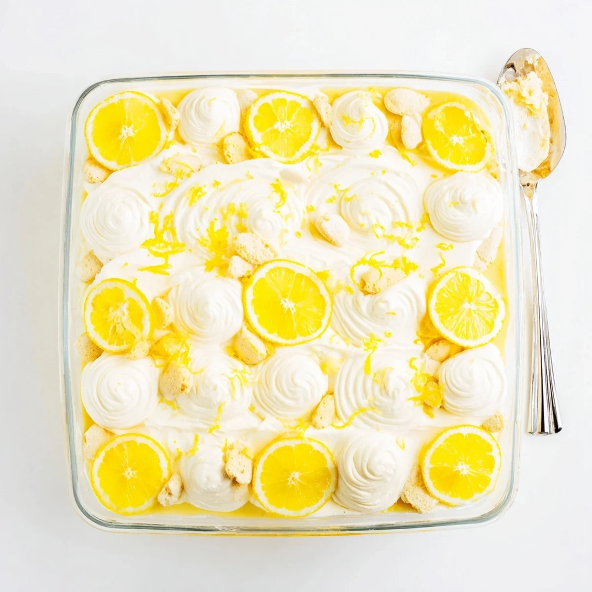 Close-up view of Lemon Limoncello Italian Tiramisu dessert in a glass dish, showing yellow lemon curd swirls and soft creamy textures.