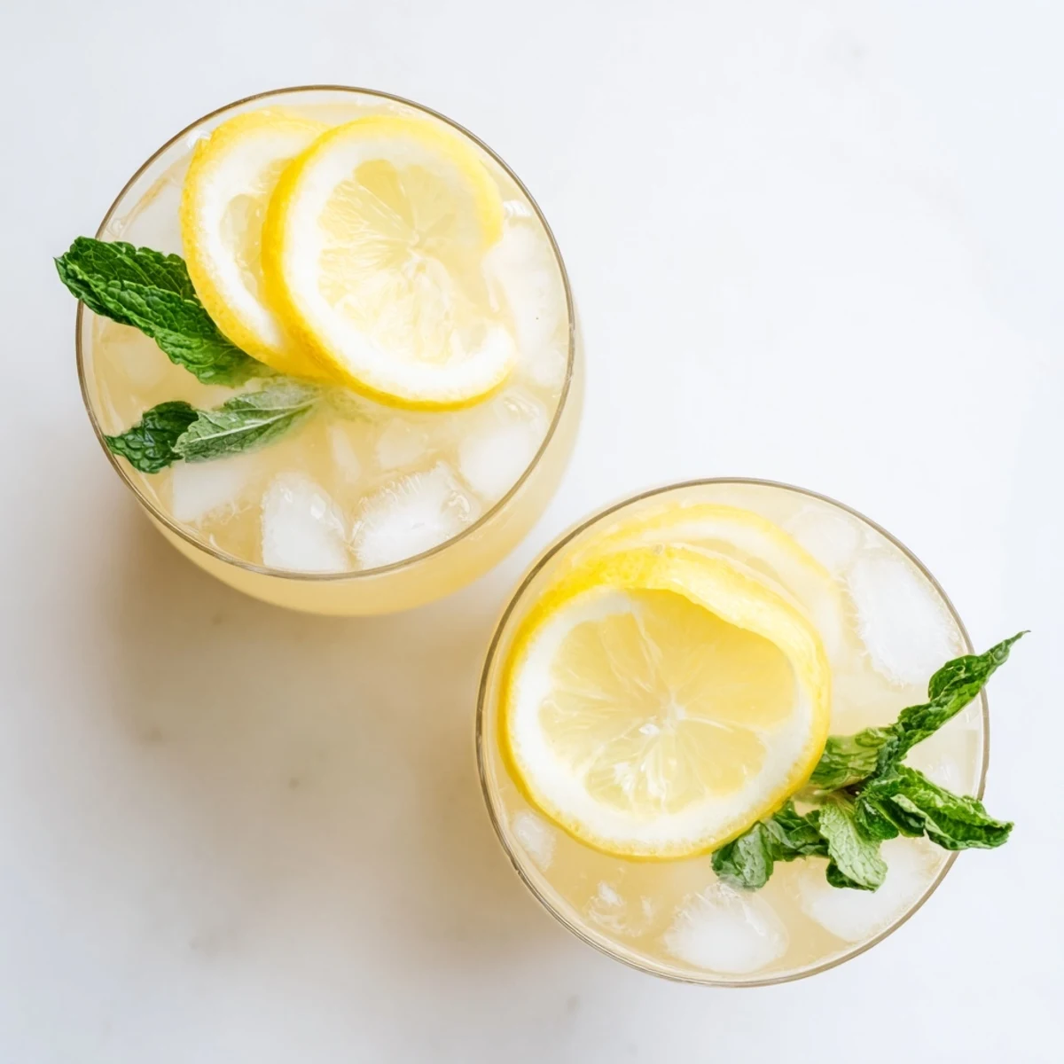 A tall glass of Easy Limoncello Mocktail with fresh lemon slices and mint, glistening over ice cubes for a refreshing summer sip.