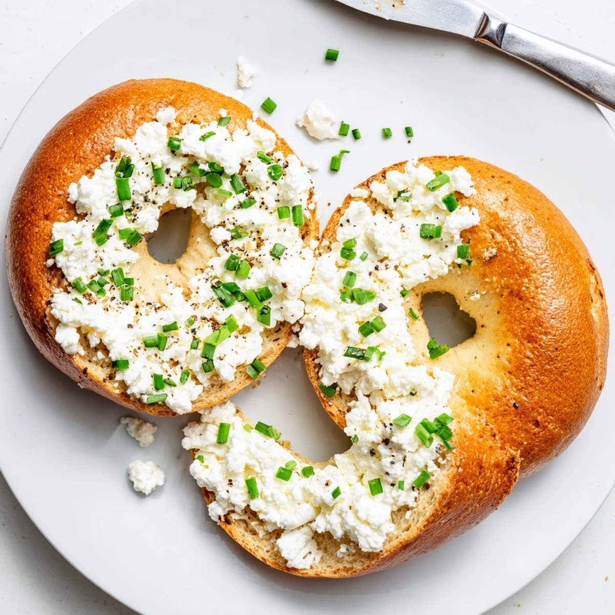 Homemade Protein Bagels with Cottage Cheese on a marble counter, showing soft texture and fresh chive topping.