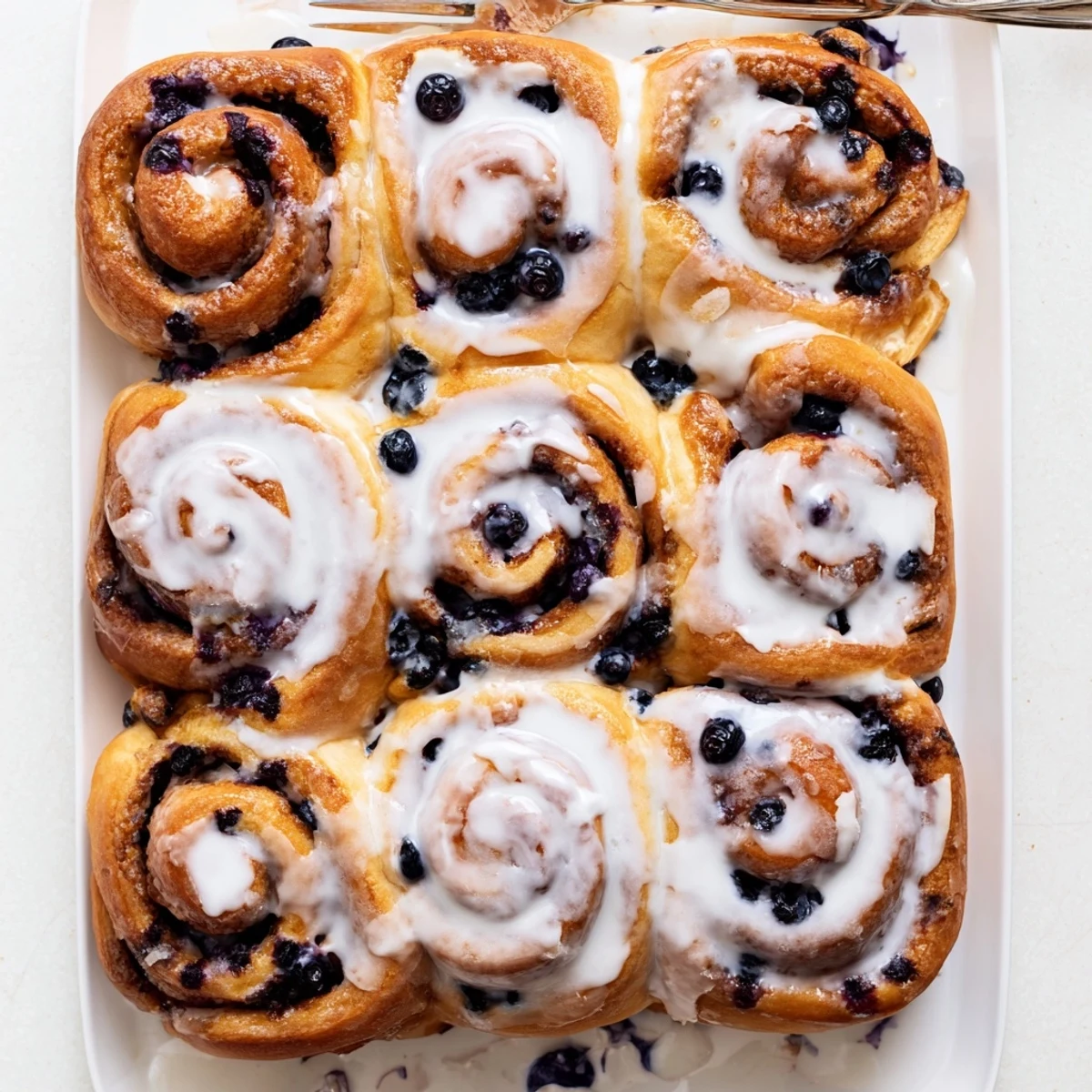 Warm Blueberry Cinnamon Rolls on a plate with a cup of coffee, showcasing soft dough and juicy berry swirls.