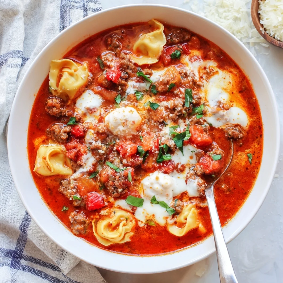 A steaming bowl of Lasagna Soup with Tortellini features cheesy pasta and hearty Italian sausage, perfect for a cozy dinner.