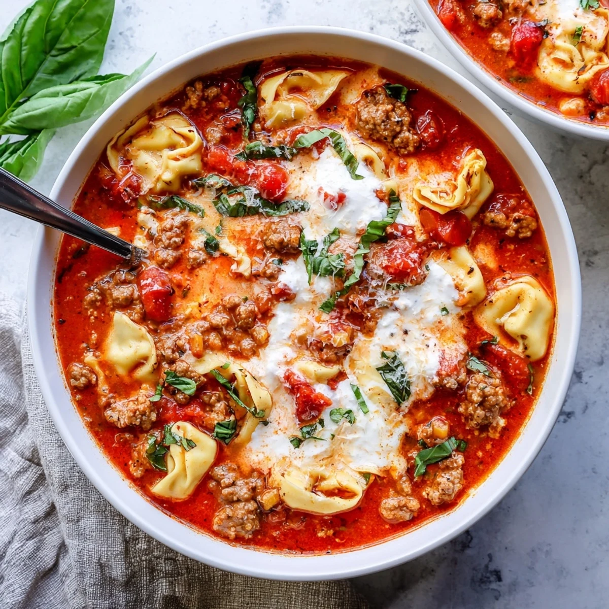 Hearty Lasagna Soup with Tortellini served in a rustic bowl, with crusty bread on the side for dipping.