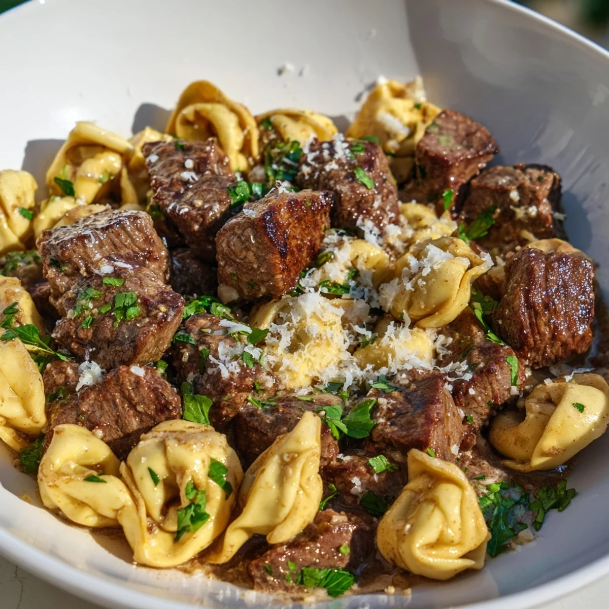 A close-up of Garlic Steak Tortellini, showcasing tender beef bites and cheesy pasta swirled in a luscious garlic cream sauce.