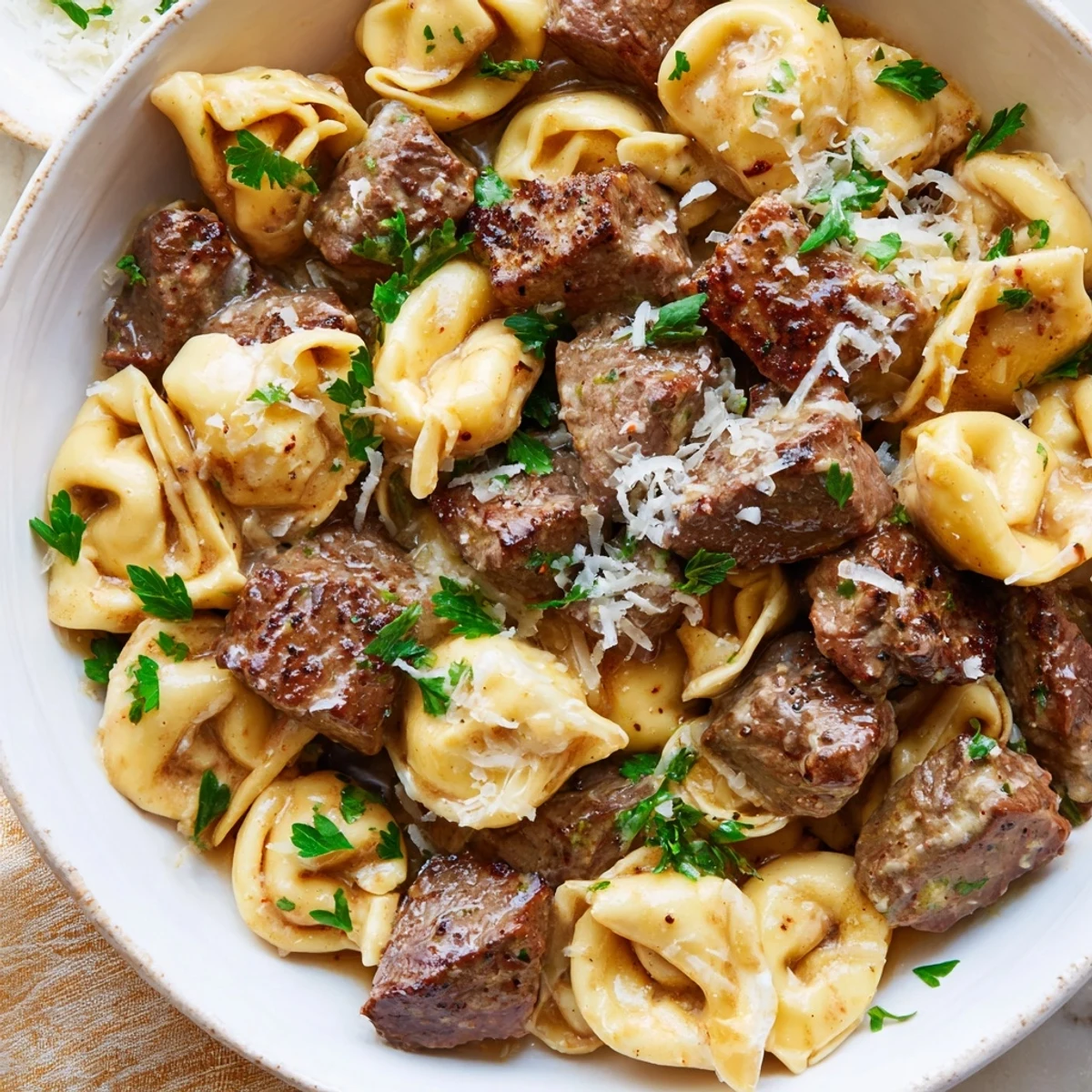 Steaming bowl of Garlic Steak Tortellini, a hearty Italian-American main course garnished with extra Parmesan and a side of crusty bread.