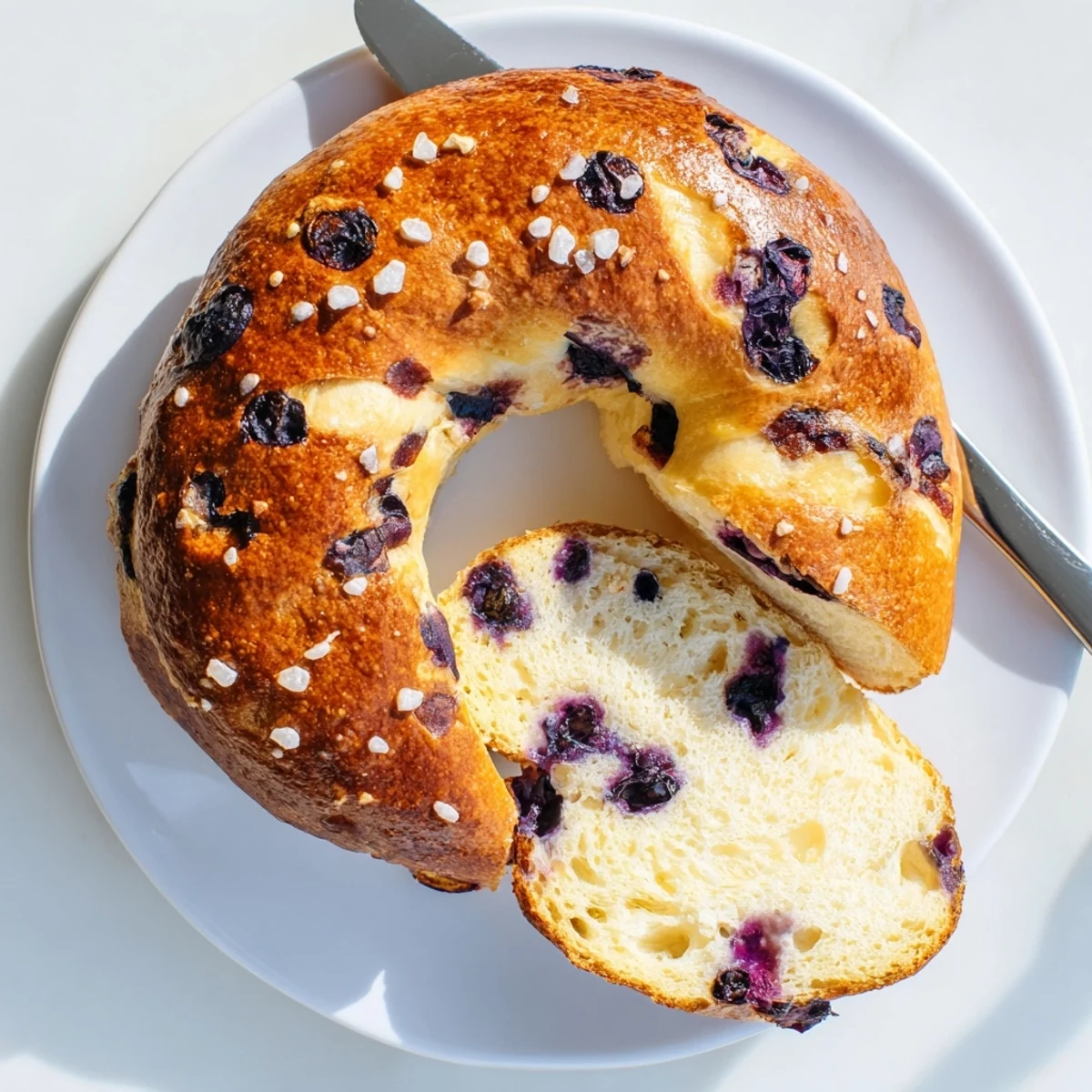 A close-up of gluten-free blueberry bagels, with golden crusts studded with plump blueberries and a light sugar sprinkle.