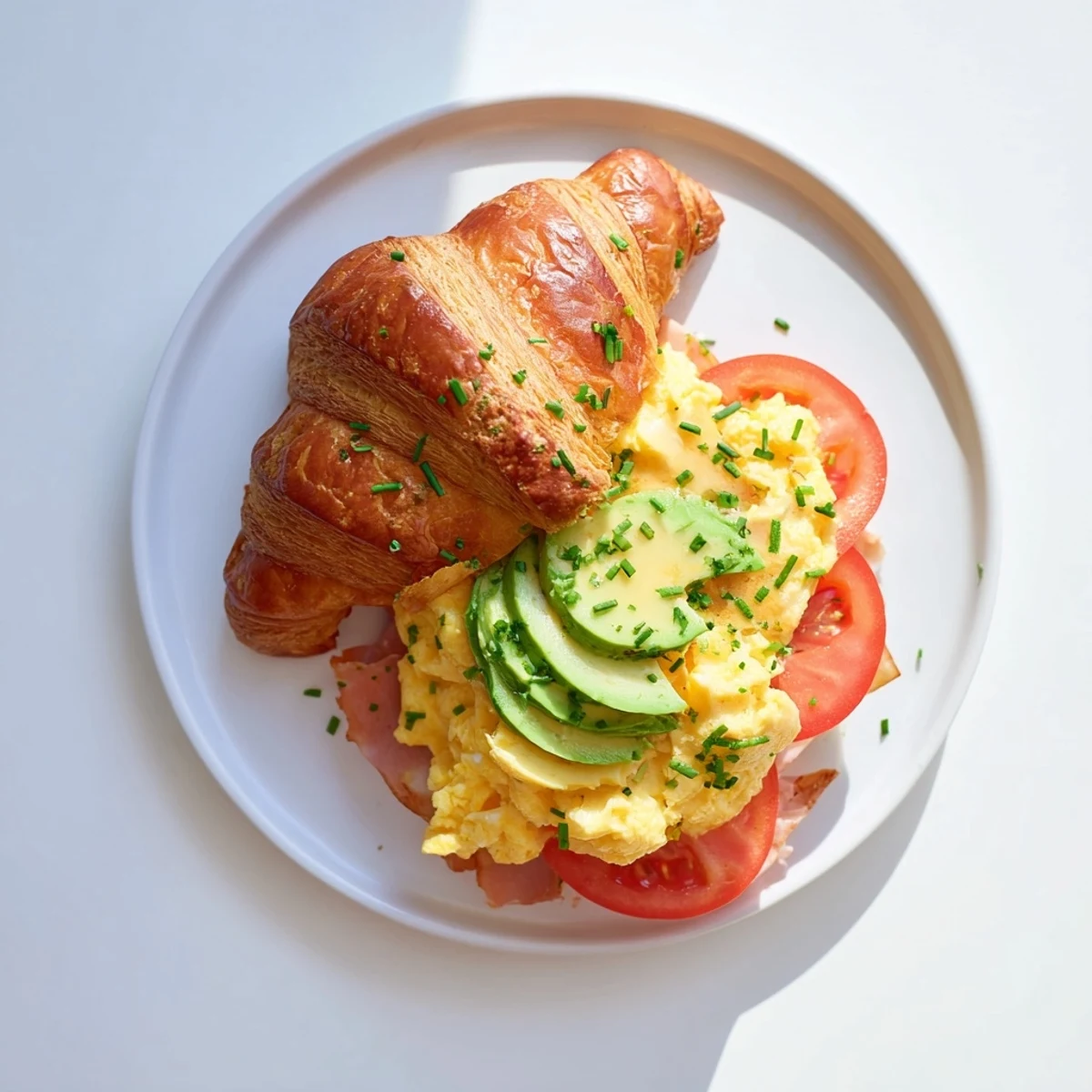 Warm flaky croissant breakfast sandwich with melted Swiss cheese and savory ham layers.