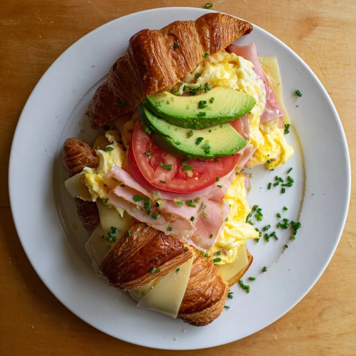 Golden flaky croissant breakfast sandwich topped with fluffy eggs and fresh avocado slices.