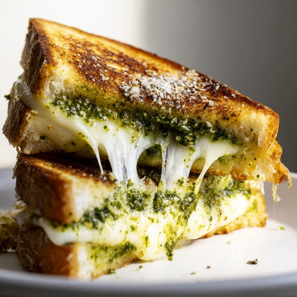 A close-up of the Best Pesto Grilled Cheese, with gooey cheese pulls and a vibrant green pesto spread on toasted bread.