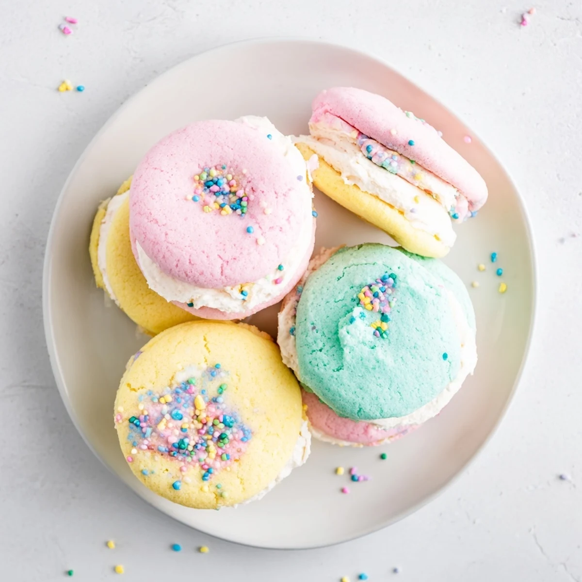 Pastel Sugar Cookie Sandwiches show soft, colorful cookies with creamy vanilla buttercream filling on a white plate.  