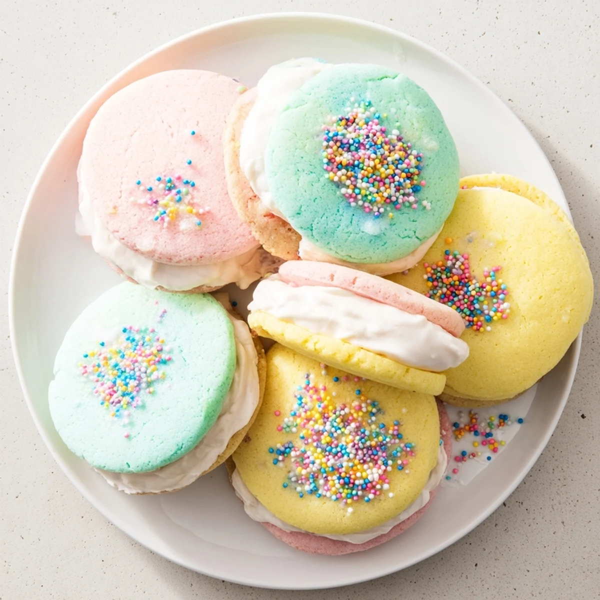 Pastel Sugar Cookie Sandwiches stacked high, displaying vibrant pastel hues and a sweet, festive cookie sandwich look.