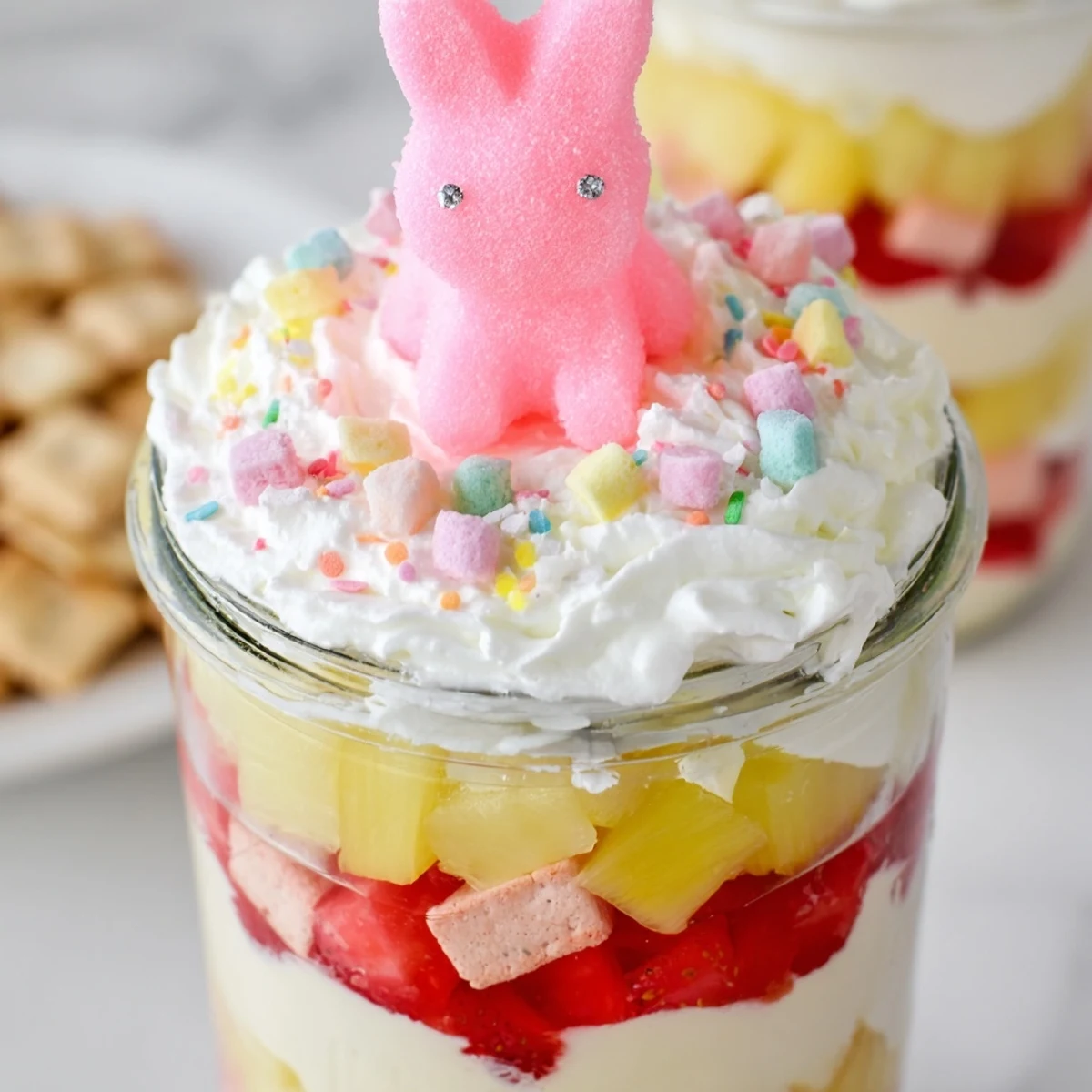 Vibrant layers of Jello Pie Easter Bunny Parfait In A Jar with creamy filling, diced strawberries, and pineapple topped with a marshmallow bunny.