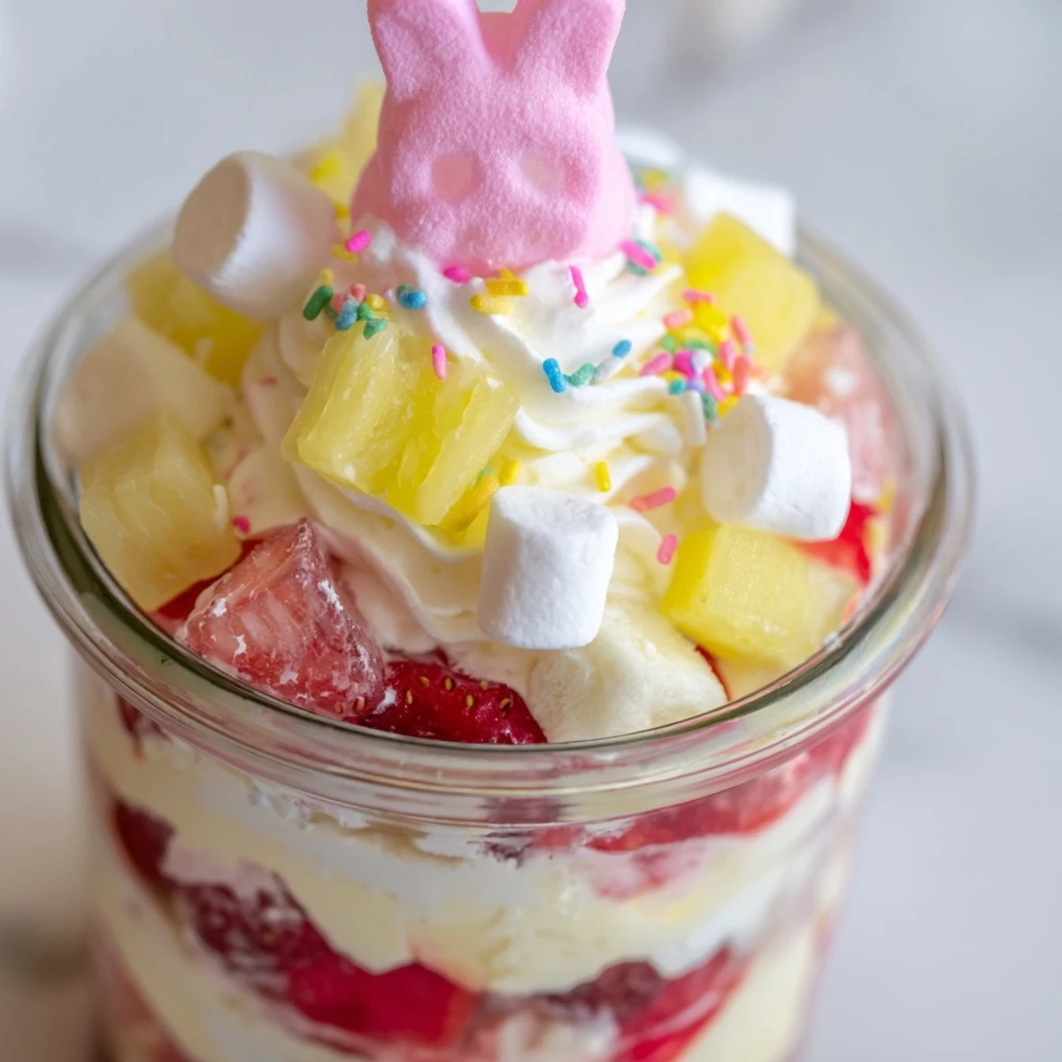 Individual jars showcase the colorful Jello Pie Easter Bunny Parfait, layered with strawberry gelatin cubes, lemon jelly, and fresh fruit pieces for spring.