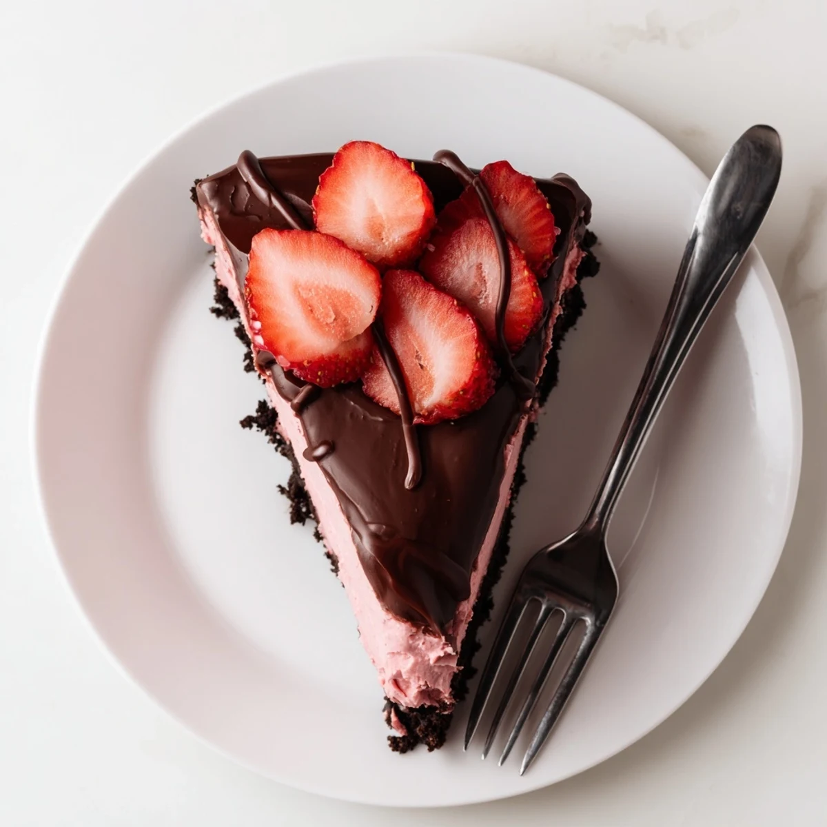 A slice of Chocolate Covered Strawberry Cheesecake rests on a white plate, showcasing a rich chocolate ganache glaze and fresh strawberry halves.