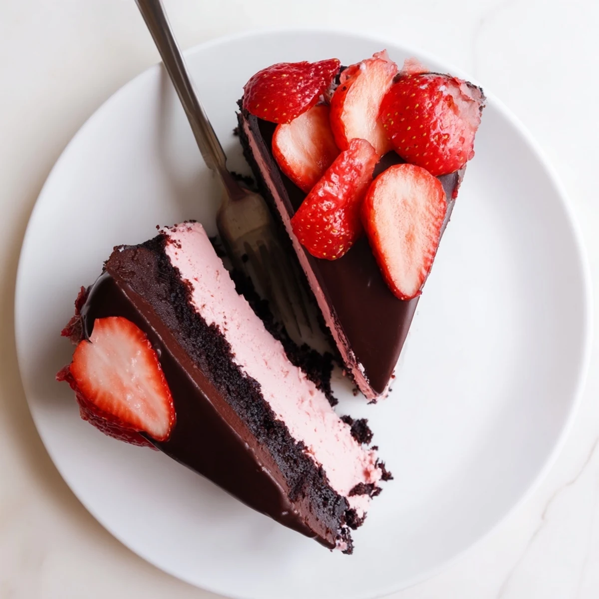 Close-up view of a rich Chocolate Covered Strawberry Cheesecake served on a dessert plate, highlighting the smooth strawberry-infused filling and chocolate drizzle.
