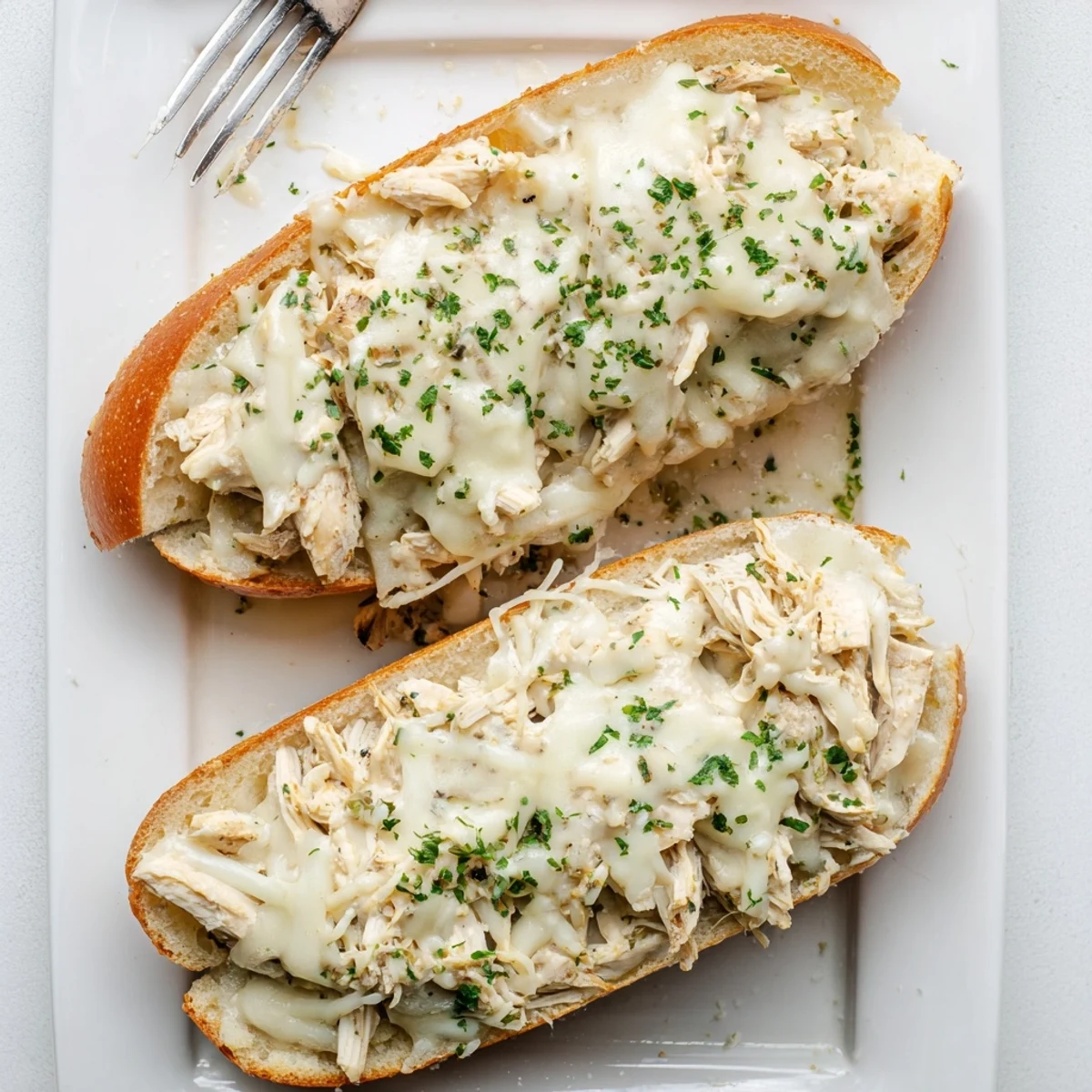 A close-up of warm Viral Chicken Alfredo Garlic Bread reveals bubbly cheese, garlic butter, and shredded chicken on a crusty baguette half.