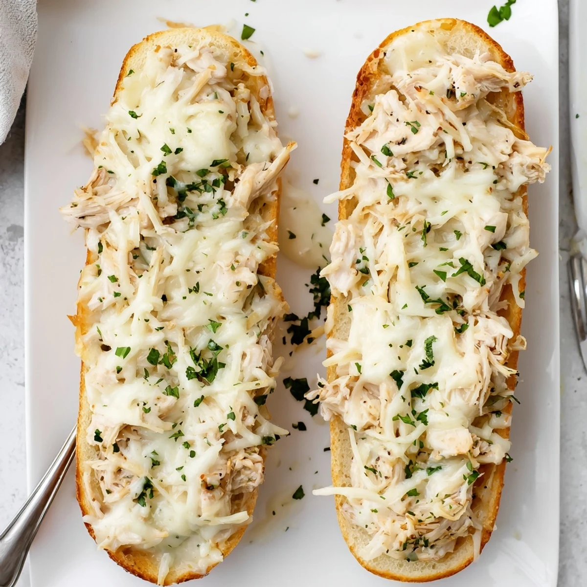Golden-brown Viral Chicken Alfredo Garlic Bread sits on a wooden cutting board, topped with melted mozzarella and provolone over creamy chicken Alfredo sauce.