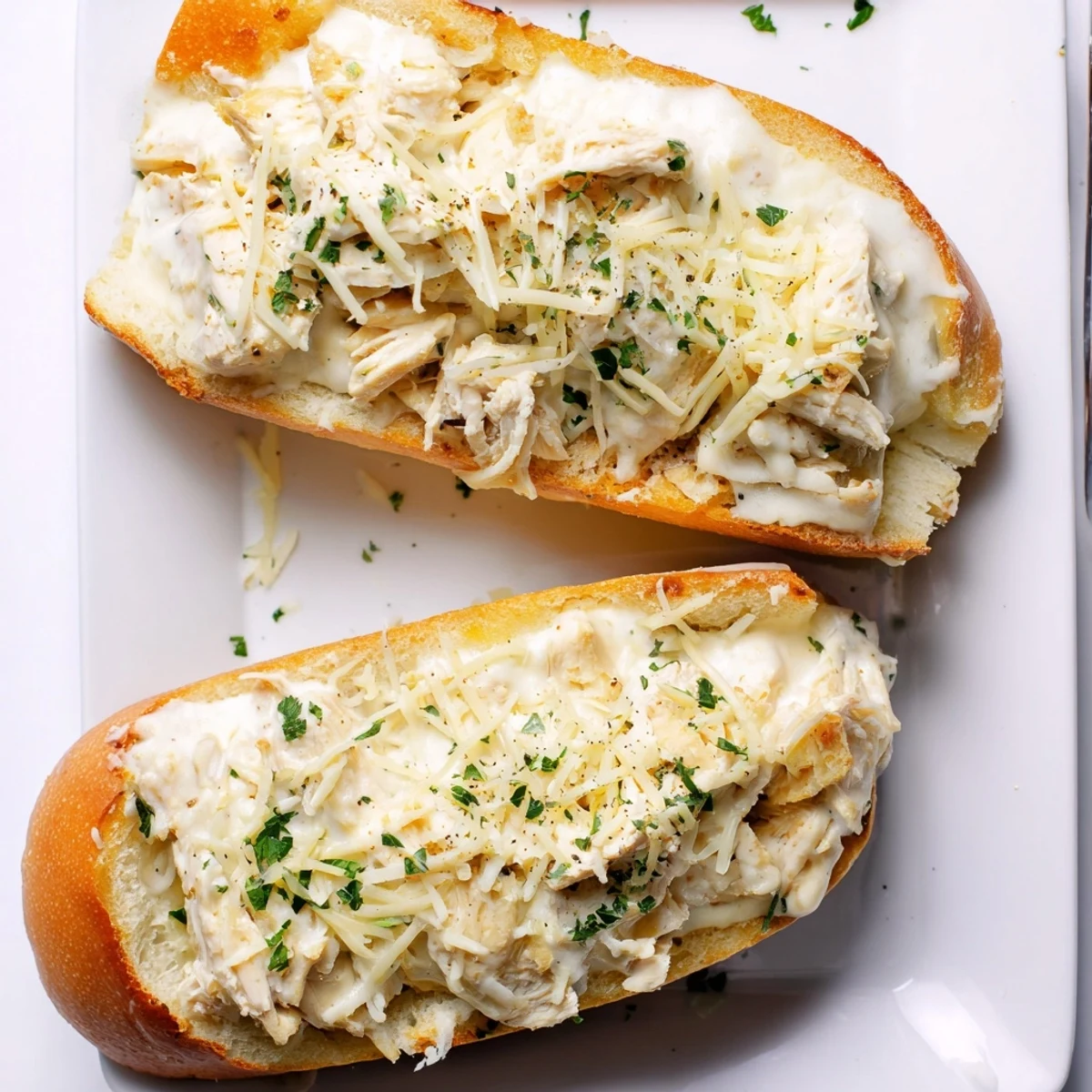 Sliced pieces of Viral Chicken Alfredo Garlic Bread are arranged on a platter, perfect for sharing as a hearty appetizer or main dish.