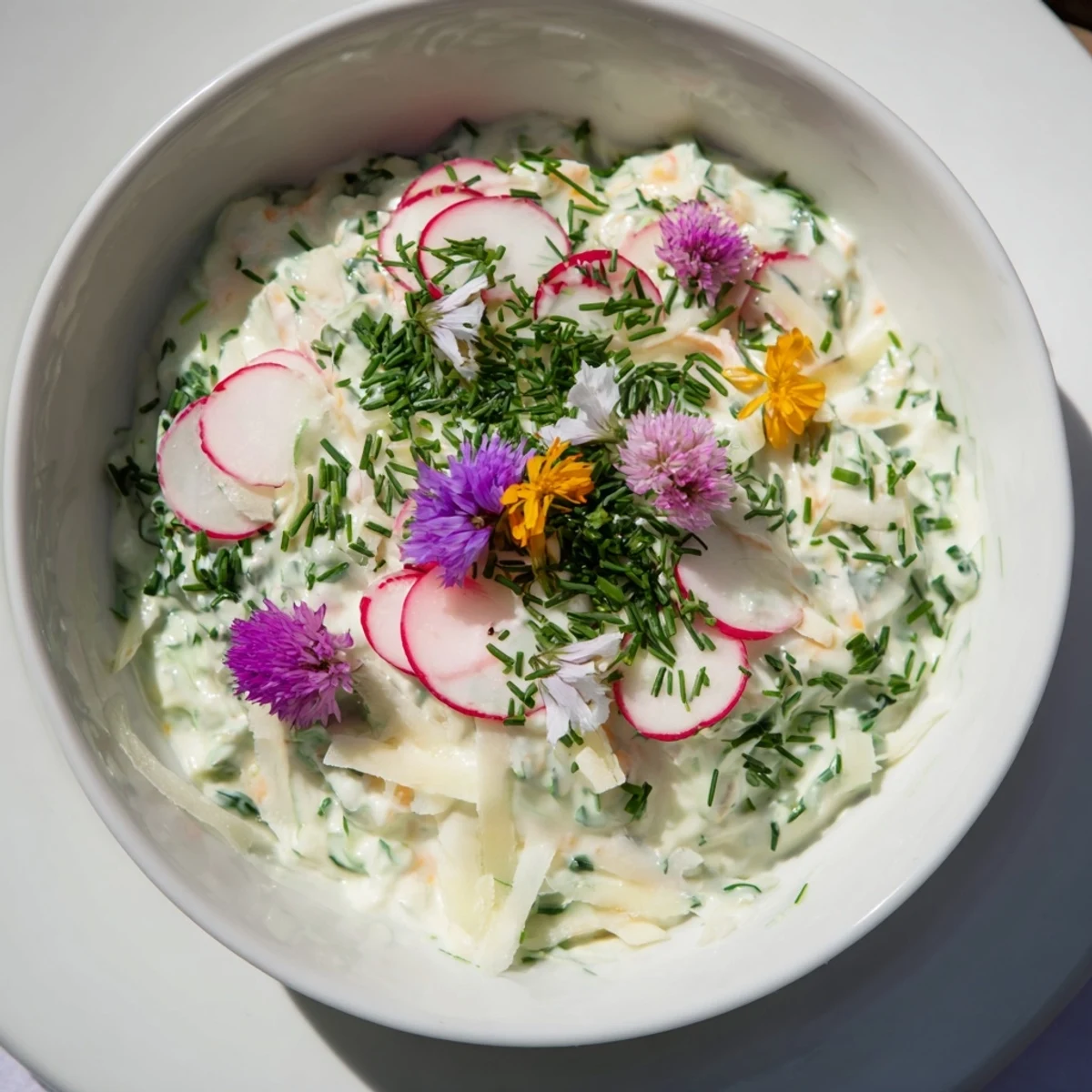 A bowl of Simple Easter Herb Cheese Dip garnished with fresh chives, dill, and radish slices.