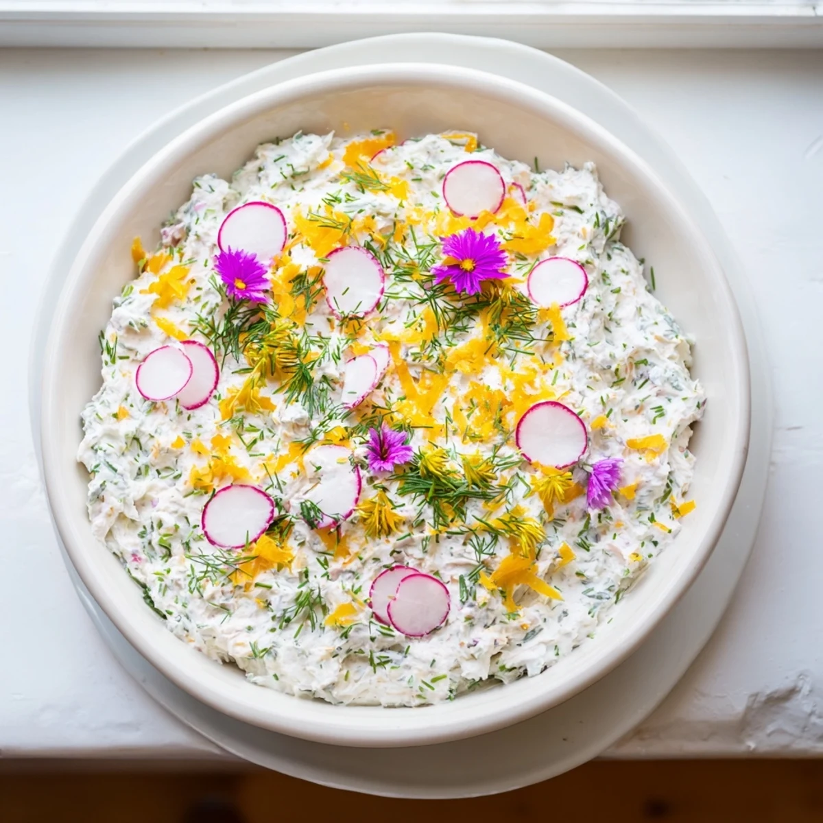 Simple Easter Herb Cheese Dip in a festive bowl, ready for a springtime gathering.