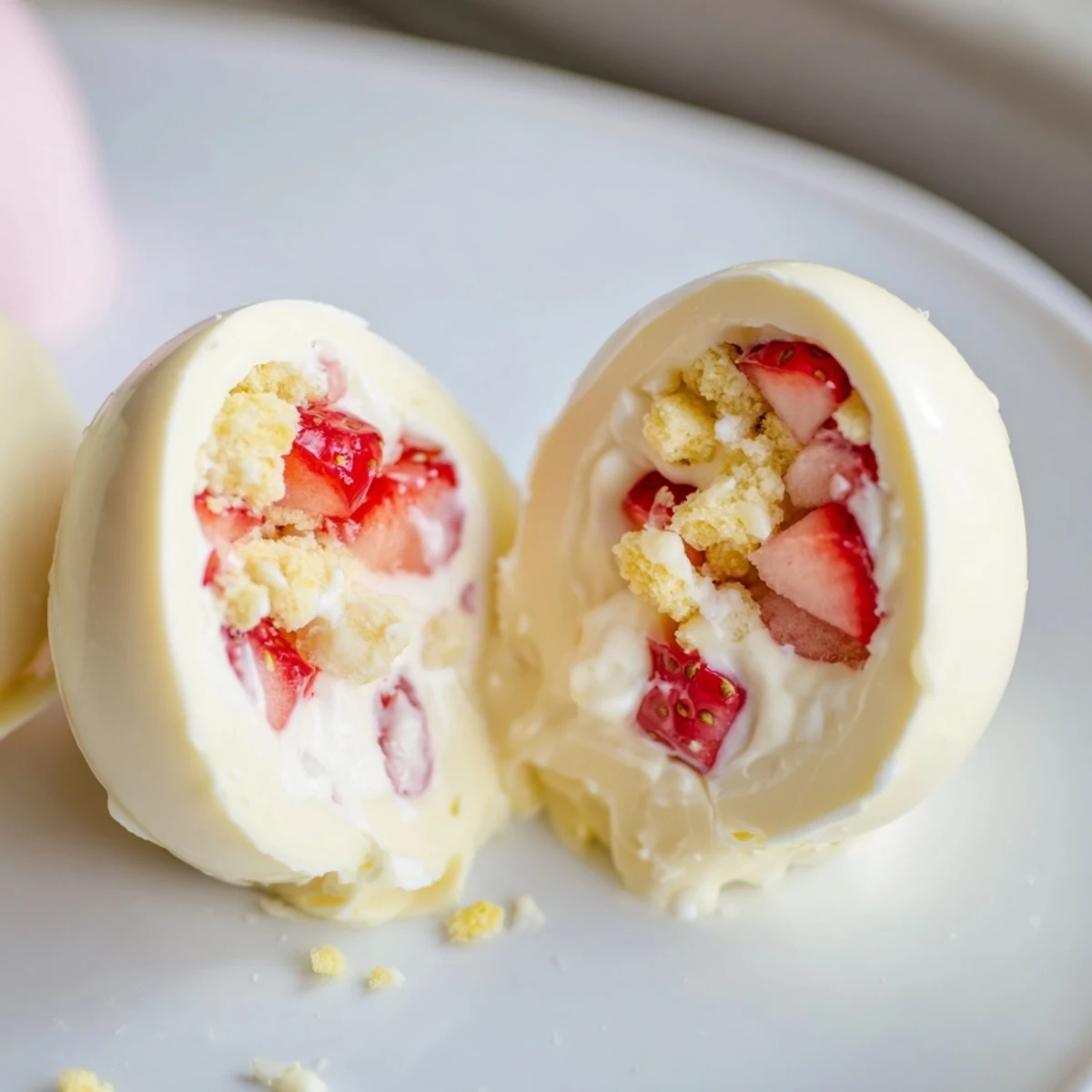 Strawberry Shortcake Easter Egg Bombs are shown with fluffy whipped cream filling for a festive spring dessert.