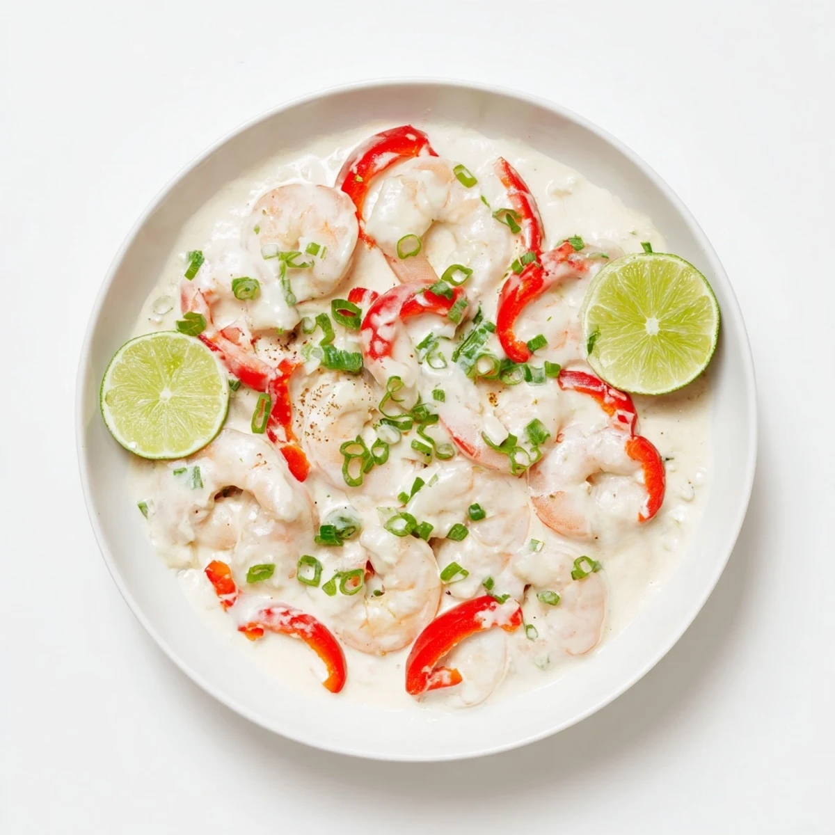 Creamy Coconut Shrimp Buffet Style is served steaming in a chafing dish, garnished with cilantro, spring onions, and lime wedges.