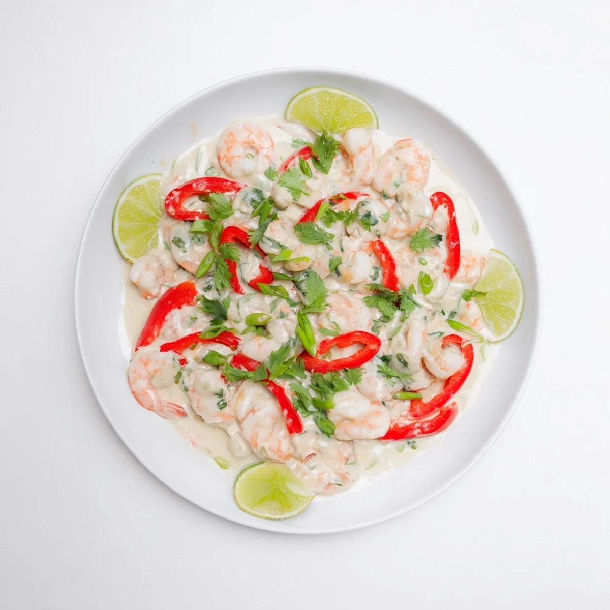 Fresh lime wedges and cilantro garnish Creamy Coconut Shrimp Buffet Style, highlighting the aromatic, dairy-free sauce over pink shrimp.